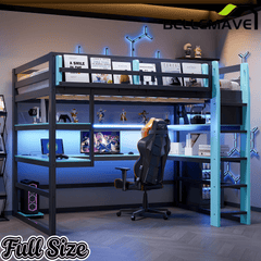 Bellemave® Gaming Loft Bed with Built - in Desk & Storage Shelves for Teens/Adults Bedroom, Space - Saving Wooden Bed Frame with LED & Side Race - Bellemave