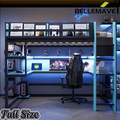 Bellemave® Gaming Loft Bed with Built - in Desk & Storage Shelves for Teens/Adults Bedroom, Space - Saving Wooden Bed Frame with LED & Side Race - Bellemave
