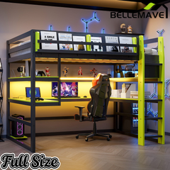 Bellemave® Gaming Loft Bed with Built - in Desk & Storage Shelves for Teens/Adults Bedroom, Space - Saving Wooden Bed Frame with LED & Side Race - Bellemave