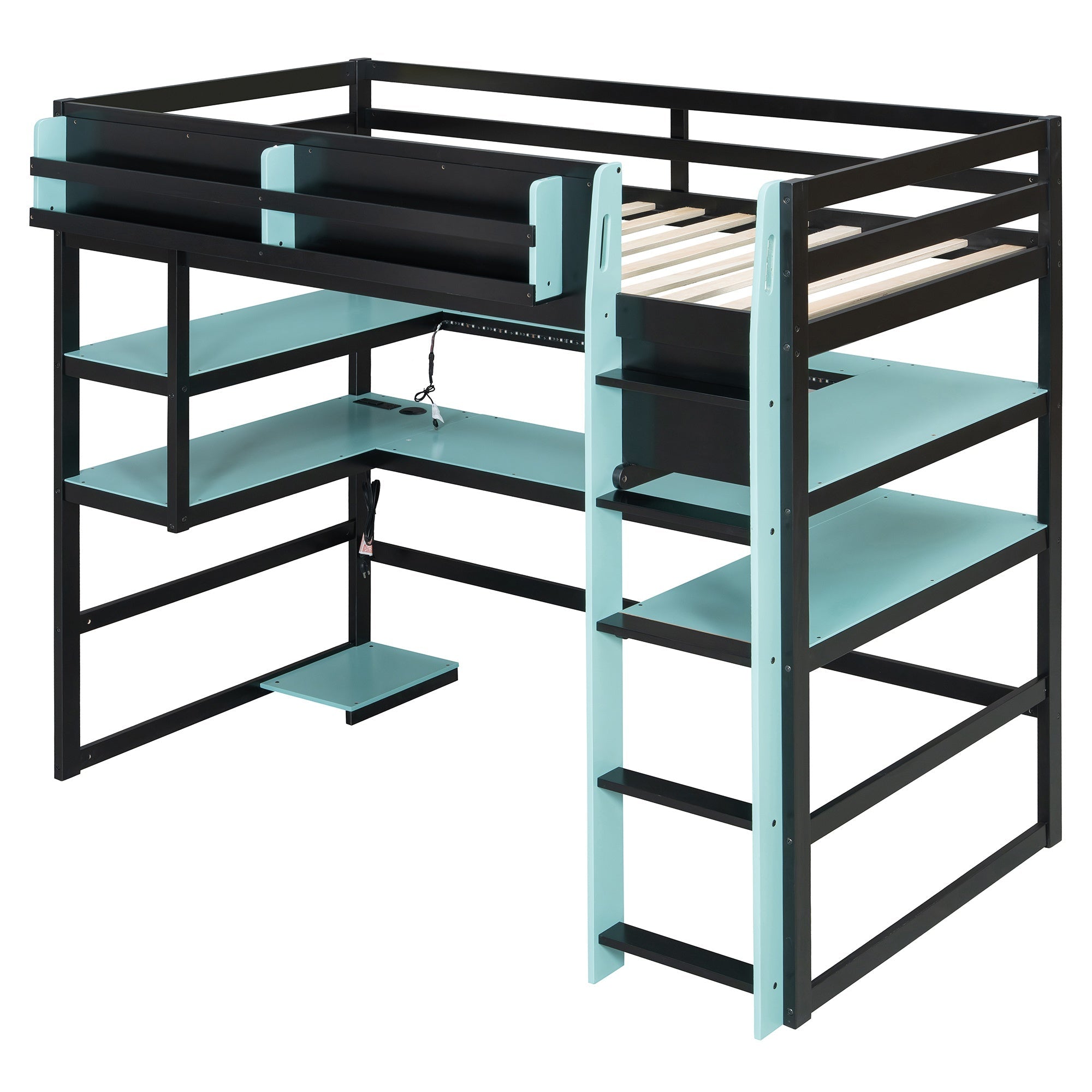 Bellemave® Gaming Loft Bed with Built - in Desk & Storage Shelves for Teens/Adults Bedroom, Space - Saving Wooden Bed Frame with LED & Side Race - Bellemave
