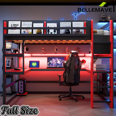 Bellemave® Gaming Loft Bed with Built - in Desk & Storage Shelves for Teens/Adults Bedroom, Space - Saving Wooden Bed Frame with LED & Side Race - Bellemave