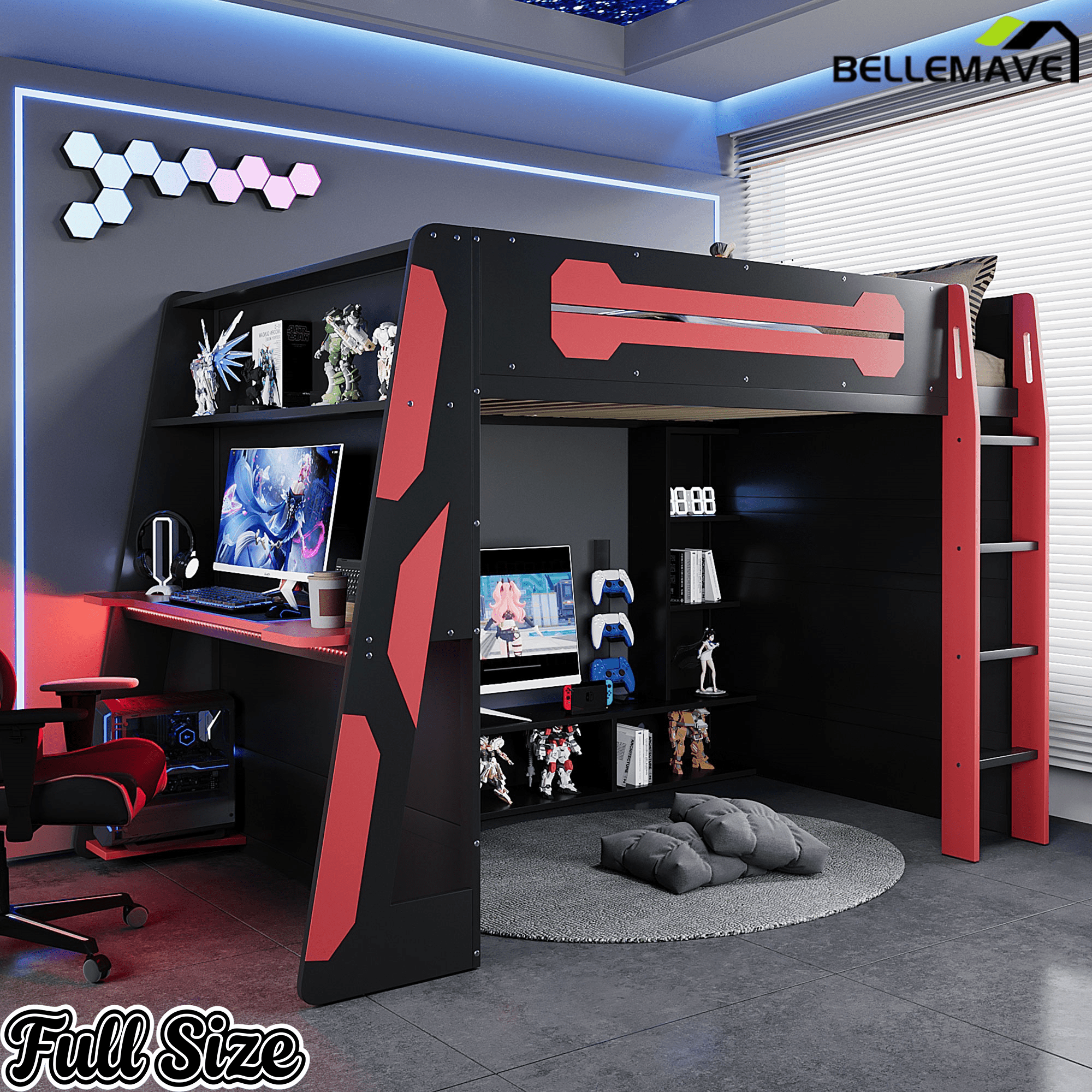 Bellemave® Gaming Loft Bed with Desk and Lights, Wood Loft Bed with Storage Shelves and Work Station - Bellemave