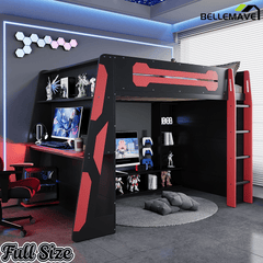 Bellemave® Gaming Loft Bed with Desk and Lights, Wood Loft Bed with Storage Shelves and Work Station - Bellemave