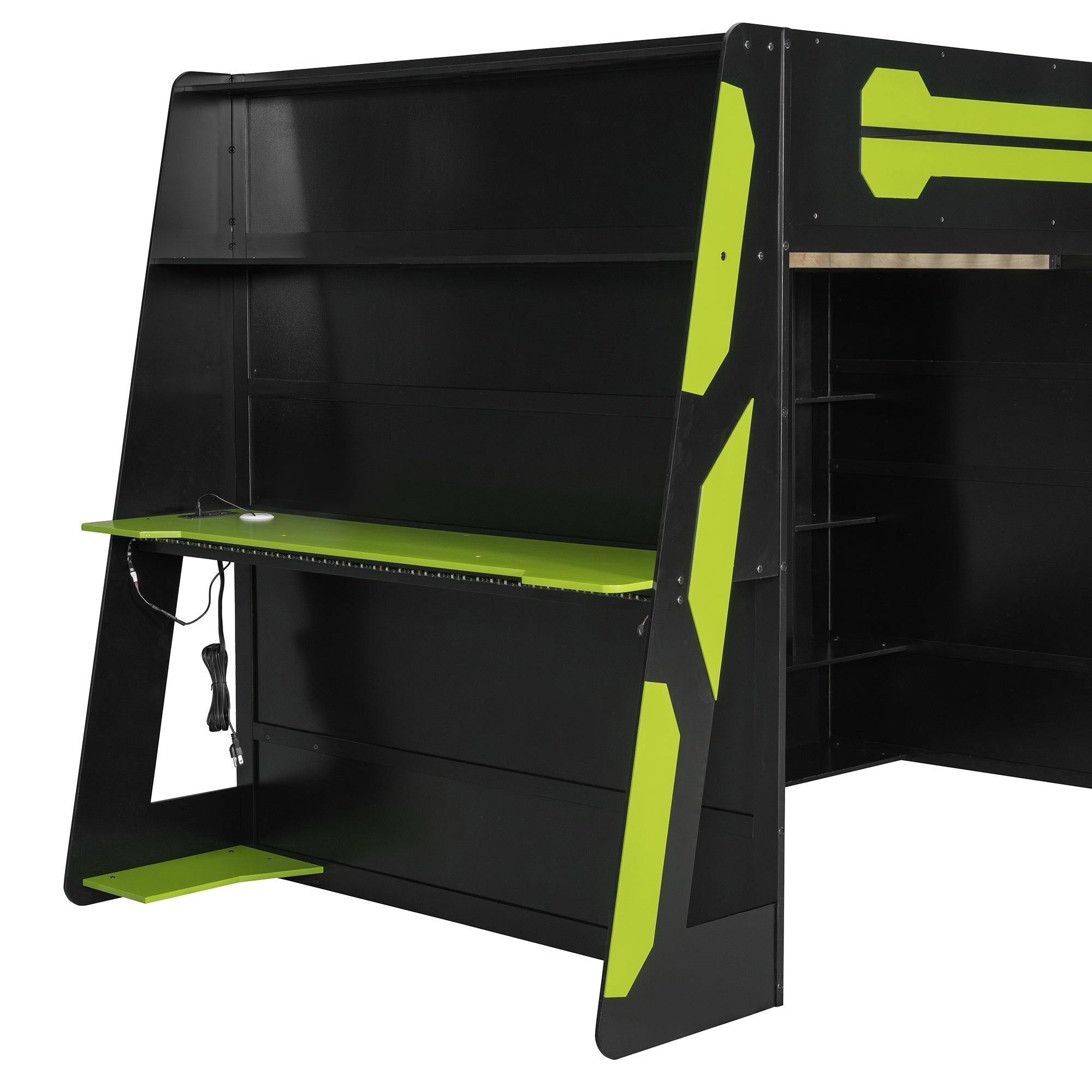 Bellemave® Gaming Loft Bed with Desk and Lights, Wood Loft Bed with Storage Shelves and Work Station - Bellemave