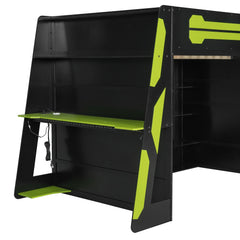 Bellemave® Gaming Loft Bed with Desk and Lights, Wood Loft Bed with Storage Shelves and Work Station - Bellemave