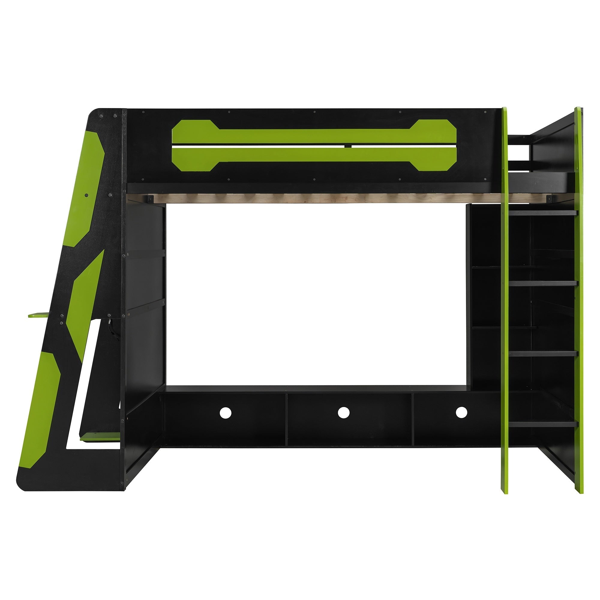 Bellemave® Gaming Loft Bed with Desk and Lights, Wood Loft Bed with Storage Shelves and Work Station - Bellemave