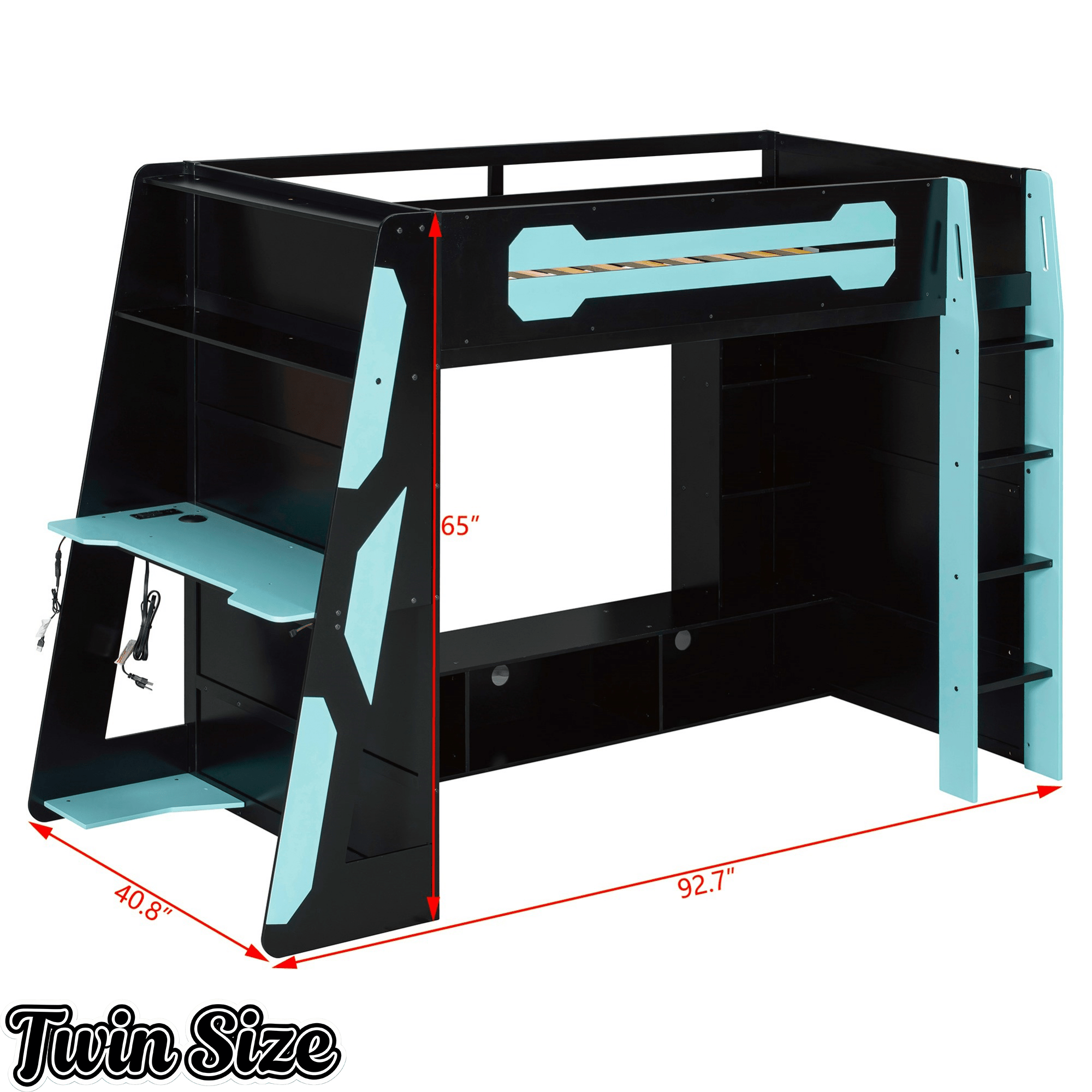 Bellemave® Gaming Loft Bed with Desk and Lights, Wood Loft Bed with Storage Shelves and Work Station - Bellemave