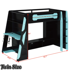 Bellemave® Gaming Loft Bed with Desk and Lights, Wood Loft Bed with Storage Shelves and Work Station - Bellemave