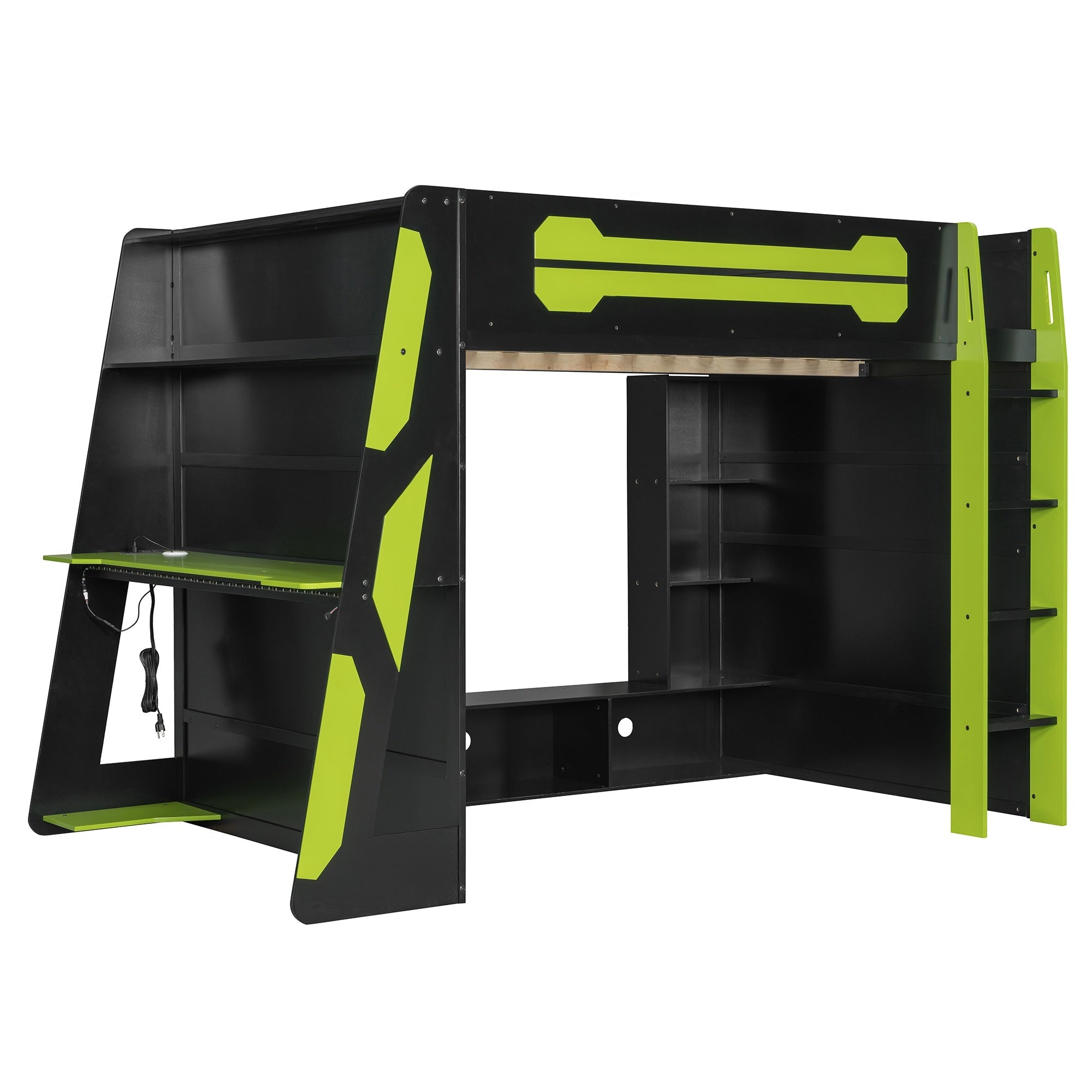 Bellemave® Gaming Loft Bed with Desk and Lights, Wood Loft Bed with Storage Shelves and Work Station - Bellemave