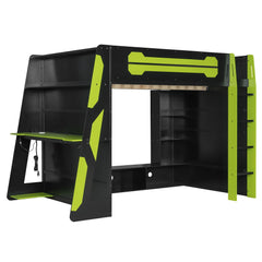 Bellemave® Gaming Loft Bed with Desk and Lights, Wood Loft Bed with Storage Shelves and Work Station - Bellemave