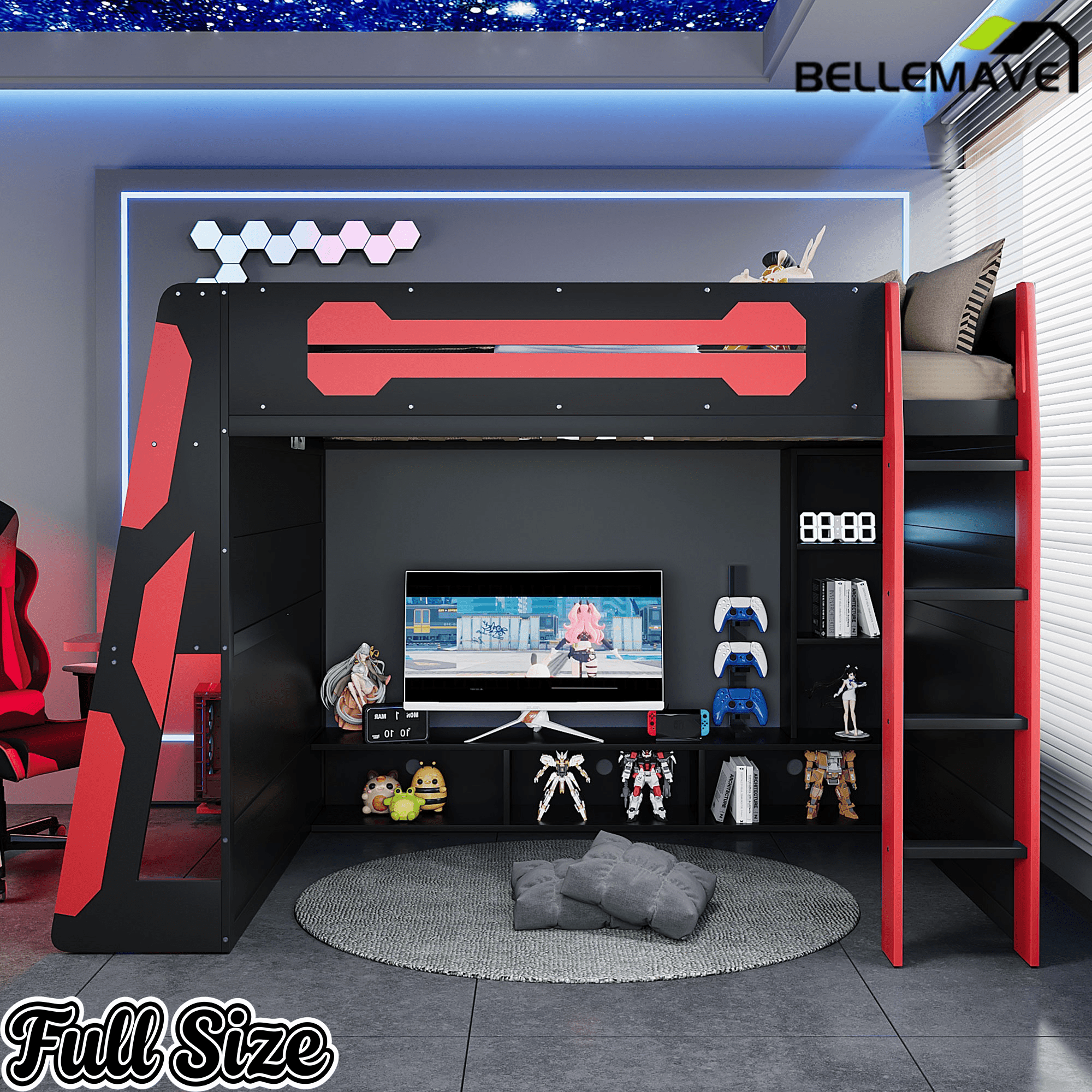Bellemave® Gaming Loft Bed with Desk and Lights, Wood Loft Bed with Storage Shelves and Work Station - Bellemave