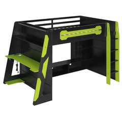 Bellemave® Gaming Loft Bed with Desk and Lights, Wood Loft Bed with Storage Shelves and Work Station - Bellemave