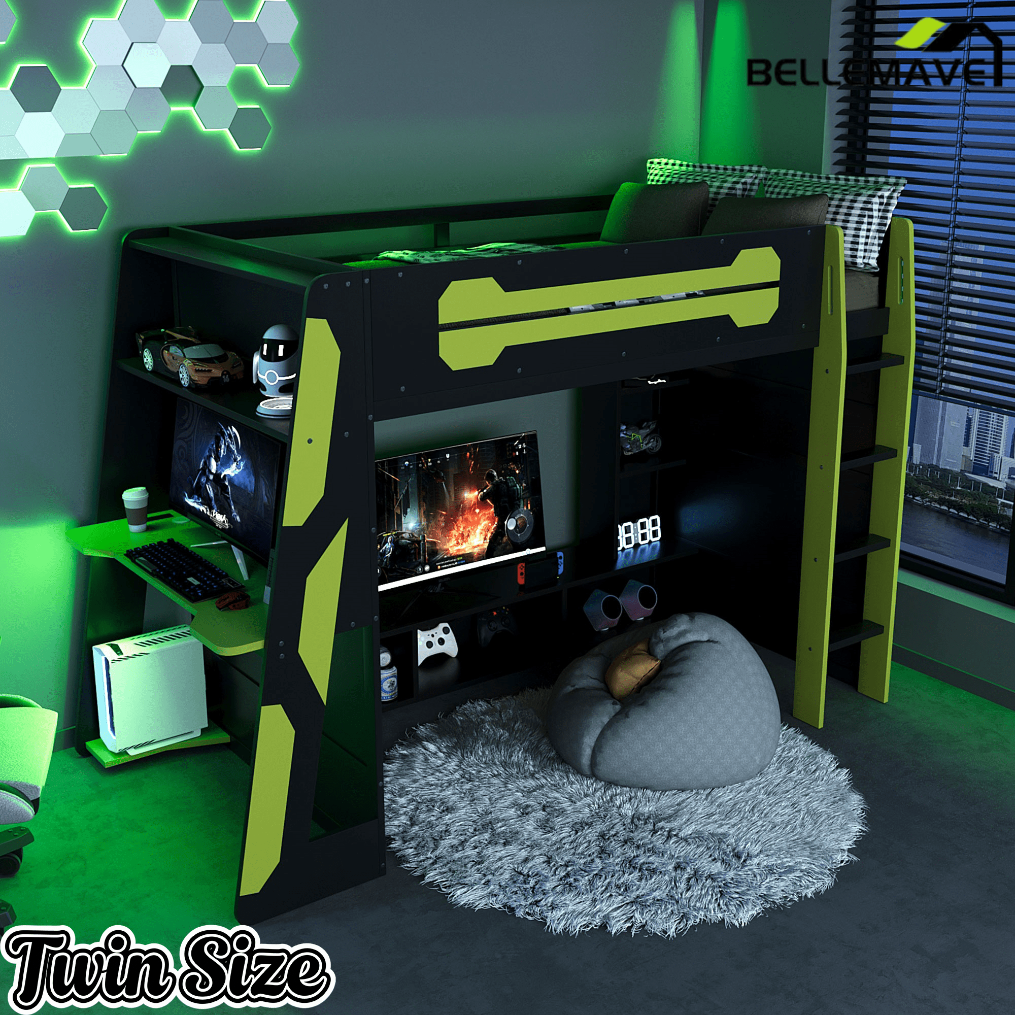 Bellemave® Gaming Loft Bed with Desk and Lights, Wood Loft Bed with Storage Shelves and Work Station - Bellemave