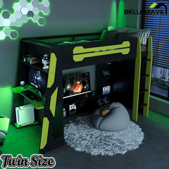 Bellemave® Gaming Loft Bed with Desk and Lights, Wood Loft Bed with Storage Shelves and Work Station - Bellemave
