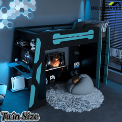 Bellemave® Gaming Loft Bed with Desk and Lights, Wood Loft Bed with Storage Shelves and Work Station - Bellemave