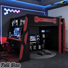 Bellemave® Gaming Loft Bed with Desk and Lights, Wood Loft Bed with Storage Shelves and Work Station - Bellemave