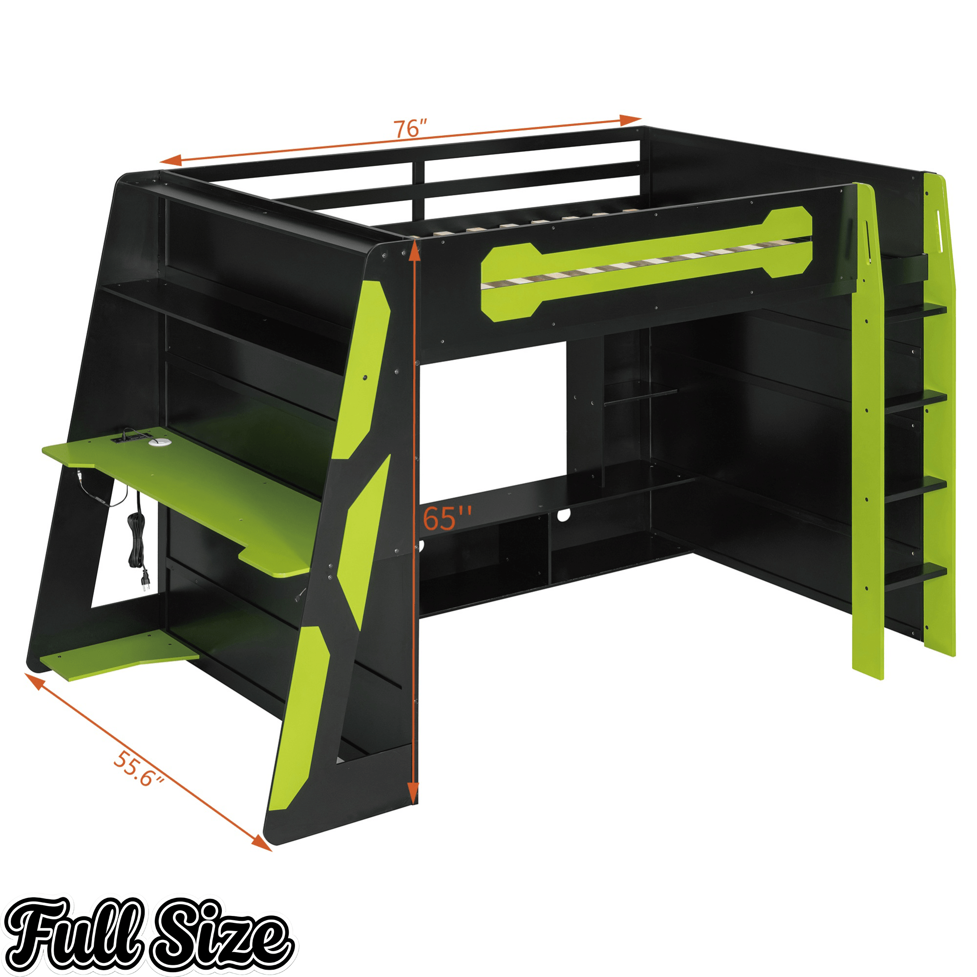 Bellemave® Gaming Loft Bed with Desk and Lights, Wood Loft Bed with Storage Shelves and Work Station - Bellemave