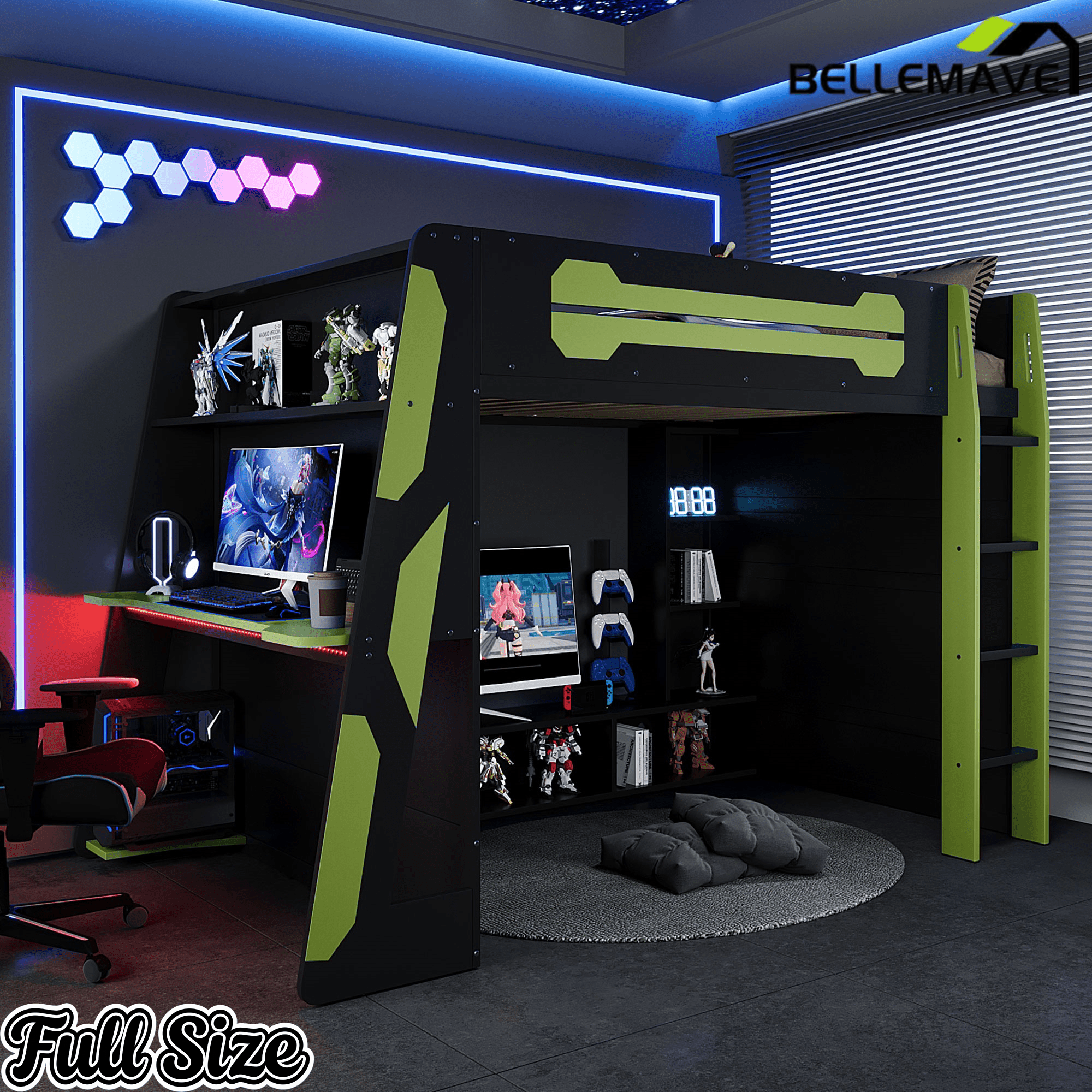 Bellemave® Gaming Loft Bed with Desk and Lights, Wood Loft Bed with Storage Shelves and Work Station - Bellemave