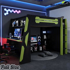 Bellemave® Gaming Loft Bed with Desk and Lights, Wood Loft Bed with Storage Shelves and Work Station - Bellemave