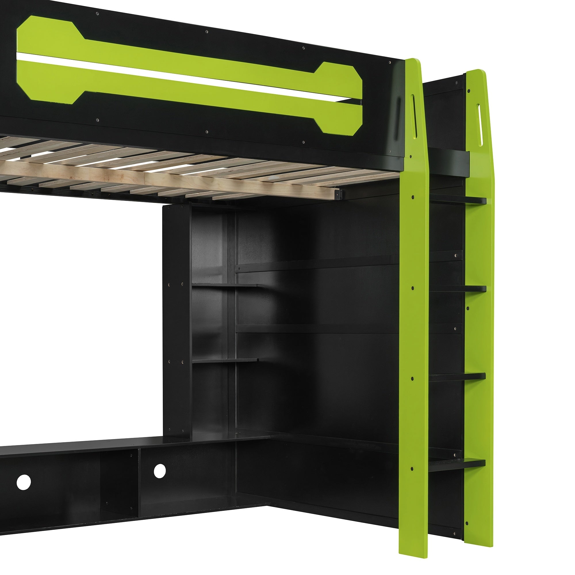 Bellemave® Gaming Loft Bed with Desk and Lights, Wood Loft Bed with Storage Shelves and Work Station - Bellemave