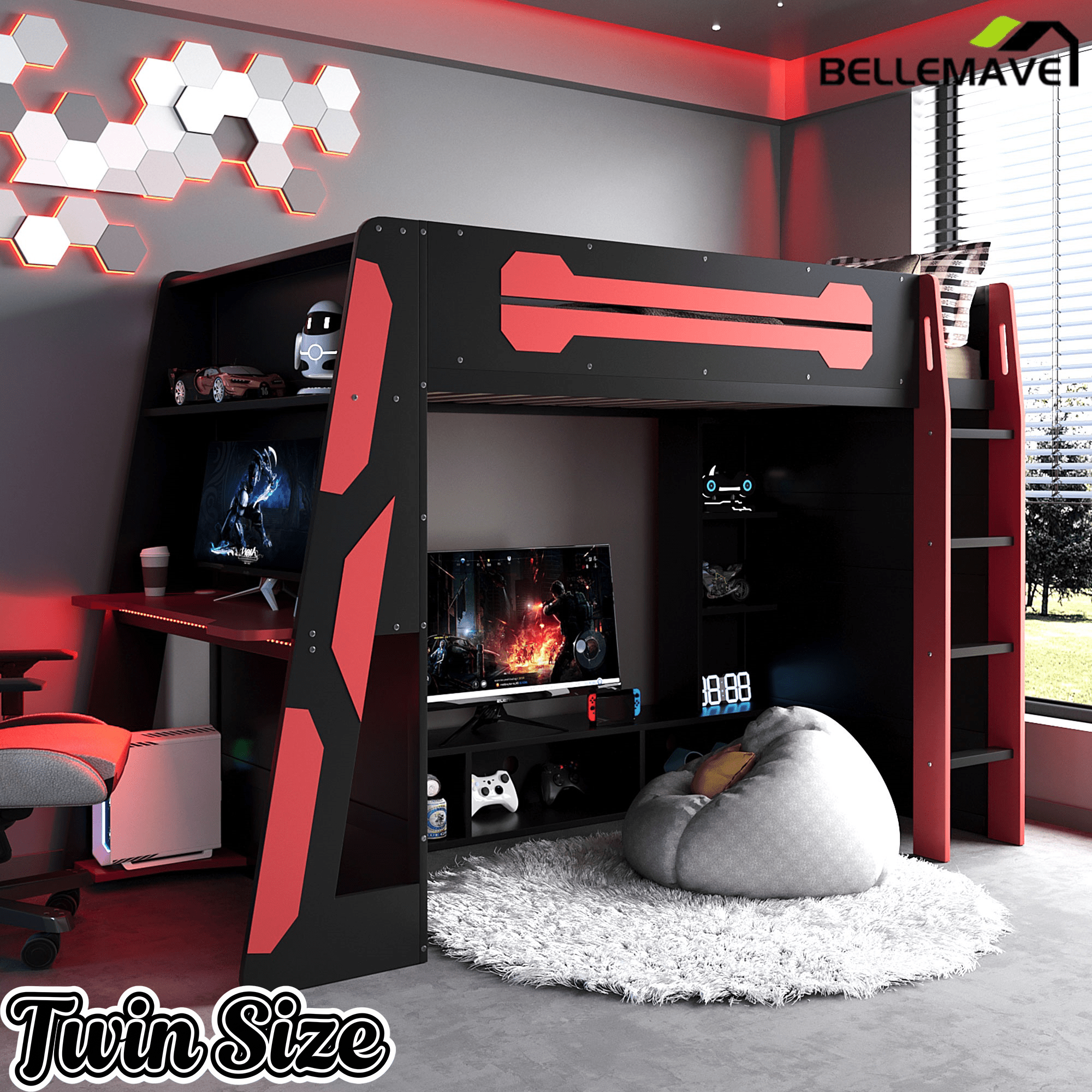 Bellemave® Gaming Loft Bed with Desk and Lights, Wood Loft Bed with Storage Shelves and Work Station - Bellemave