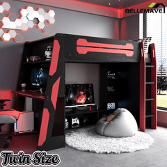 Bellemave® Gaming Loft Bed with Desk and Lights, Wood Loft Bed with Storage Shelves and Work Station - Bellemave