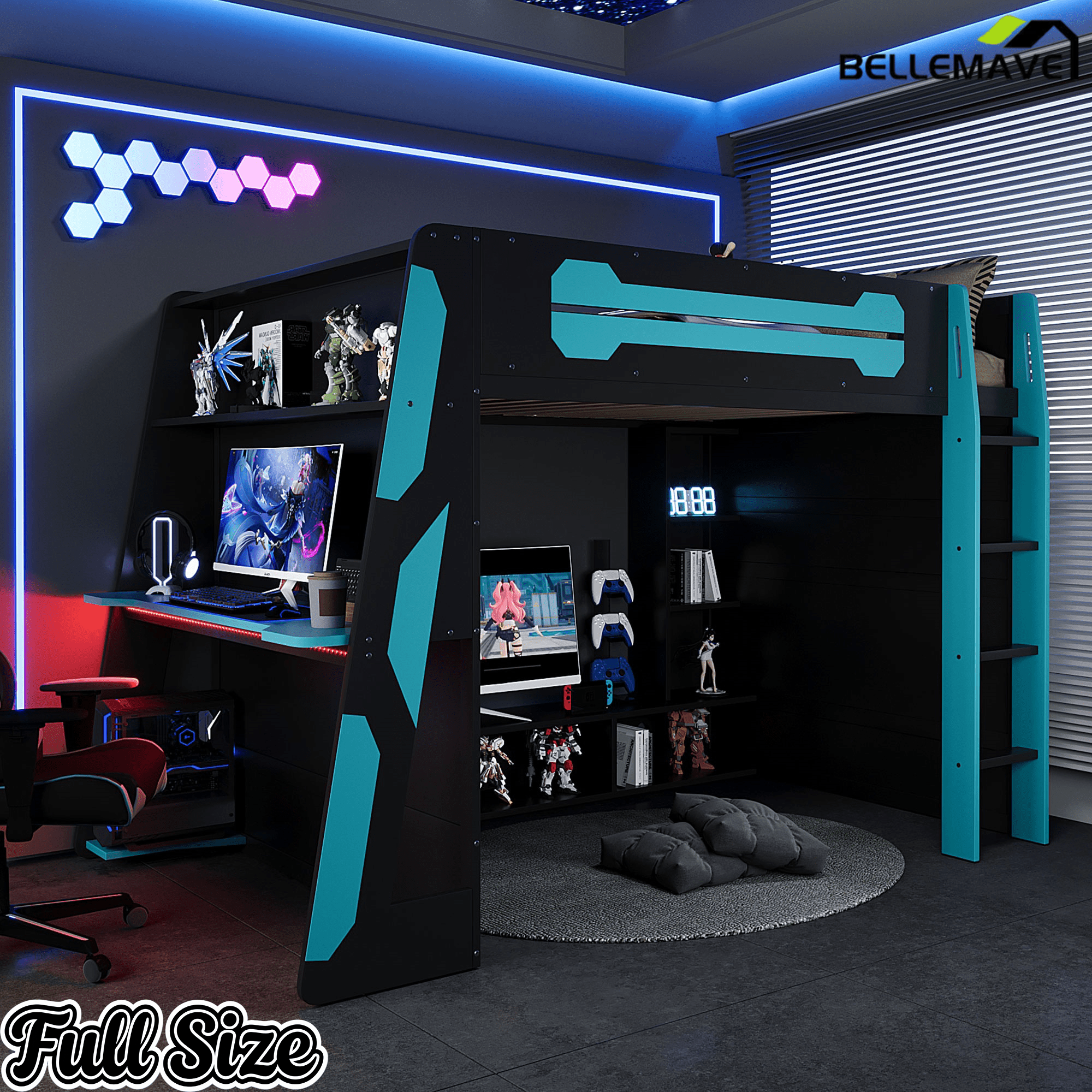 Bellemave® Gaming Loft Bed with Desk and Lights, Wood Loft Bed with Storage Shelves and Work Station - Bellemave