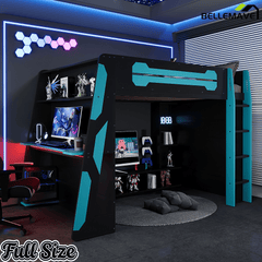Bellemave® Gaming Loft Bed with Desk and Lights, Wood Loft Bed with Storage Shelves and Work Station - Bellemave