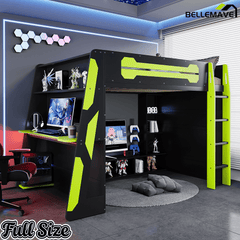 Bellemave® Gaming Loft Bed with Desk and Lights, Wood Loft Bed with Storage Shelves and Work Station - Bellemave