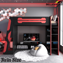 Bellemave® Gaming Loft Bed with Desk and Lights, Wood Loft Bed with Storage Shelves and Work Station - Bellemave