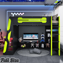 Bellemave® Gaming Loft Bed with Desk and Lights, Wood Loft Bed with Storage Shelves and Work Station - Bellemave
