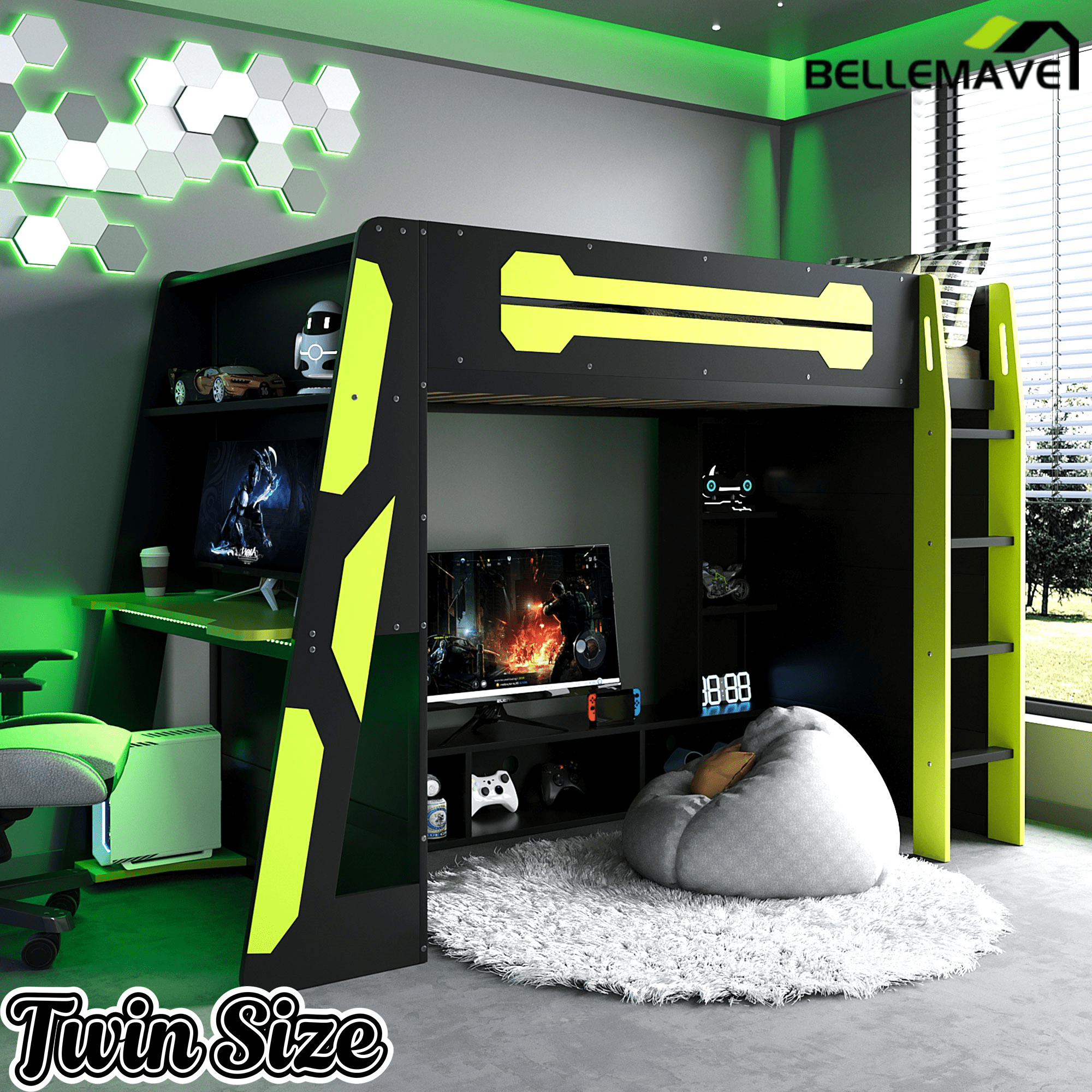 Bellemave® Gaming Loft Bed with Desk and Lights, Wood Loft Bed with Storage Shelves and Work Station - Bellemave