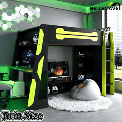 Bellemave® Gaming Loft Bed with Desk and Lights, Wood Loft Bed with Storage Shelves and Work Station - Bellemave