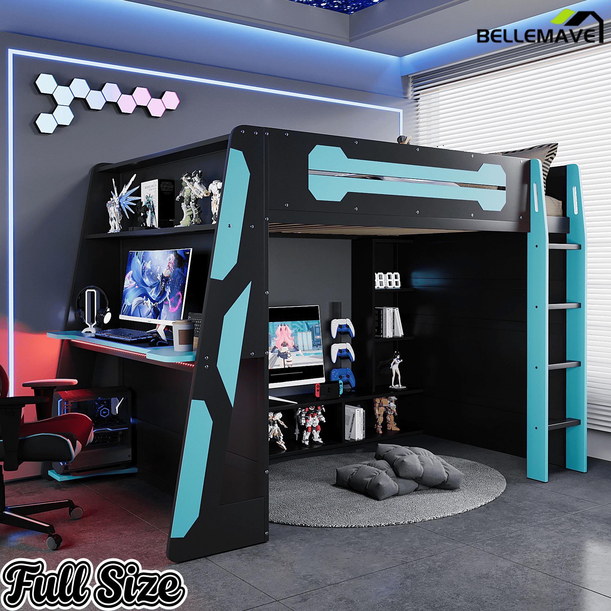 Bellemave® Gaming Loft Bed with Desk and Lights, Wood Loft Bed with Storage Shelves and Work Station - Bellemave