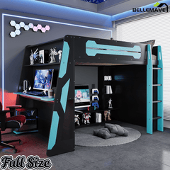 Bellemave® Gaming Loft Bed with Desk and Lights, Wood Loft Bed with Storage Shelves and Work Station - Bellemave