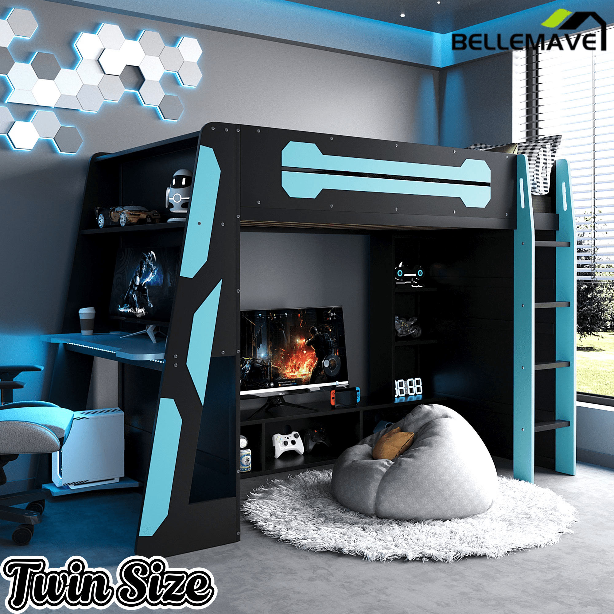 Bellemave® Gaming Loft Bed with Desk and Lights, Wood Loft Bed with Storage Shelves and Work Station - Bellemave