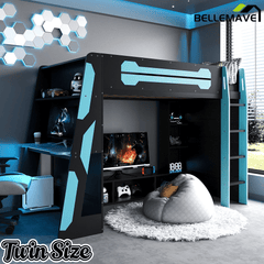 Bellemave® Gaming Loft Bed with Desk and Lights, Wood Loft Bed with Storage Shelves and Work Station - Bellemave