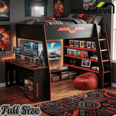 Bellemave® Gaming Loft Bed with Desk and Shelves,Esports Design for PC & Console Gamers,Full Size Wood Loft Bed Frame with RGB Light - Bellemave