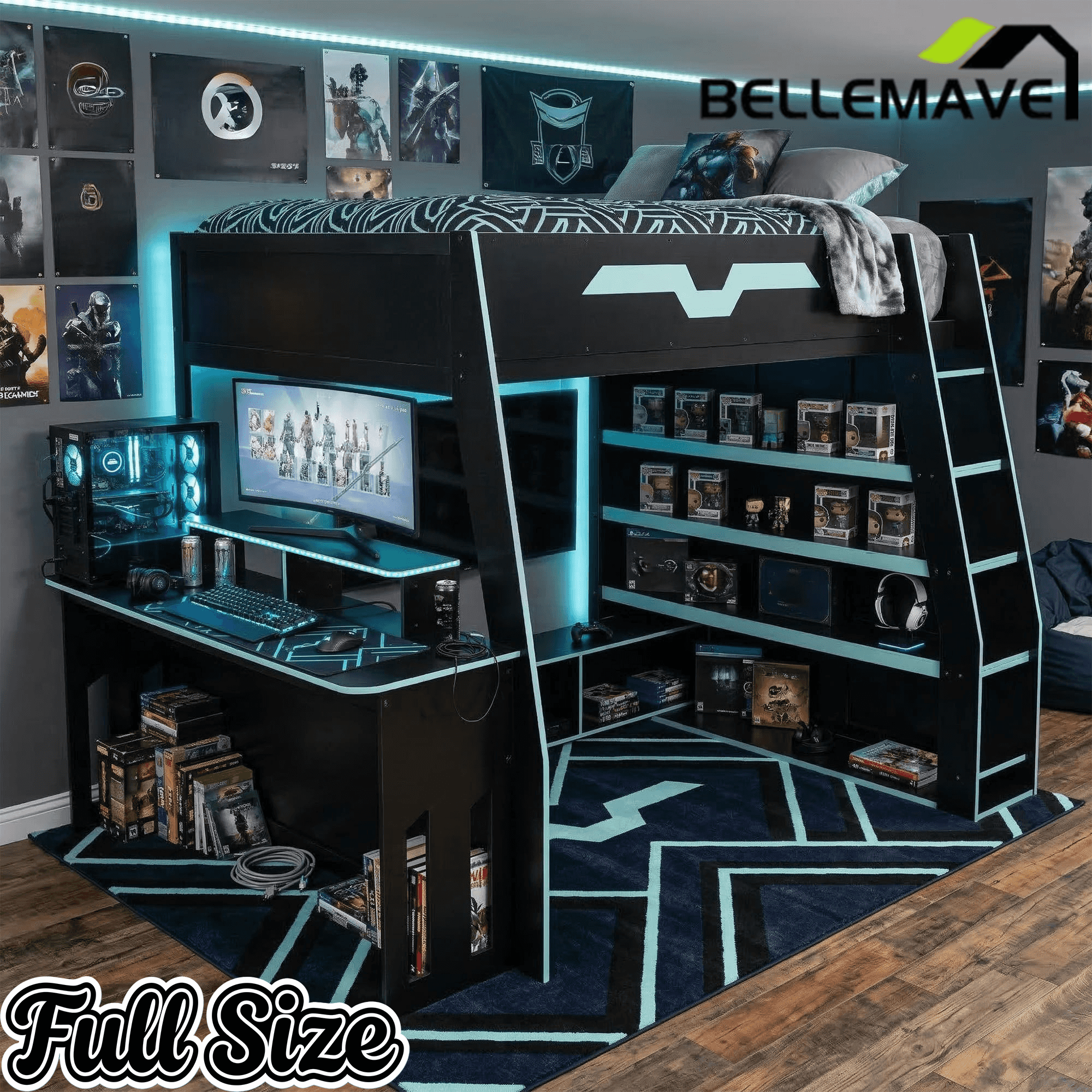 Bellemave® Gaming Loft Bed with Desk and Shelves,Esports Design for PC & Console Gamers,Full Size Wood Loft Bed Frame with RGB Light - Bellemave