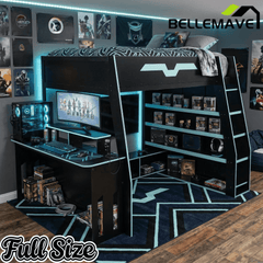 Bellemave® Gaming Loft Bed with Desk and Shelves,Esports Design for PC & Console Gamers,Full Size Wood Loft Bed Frame with RGB Light - Bellemave