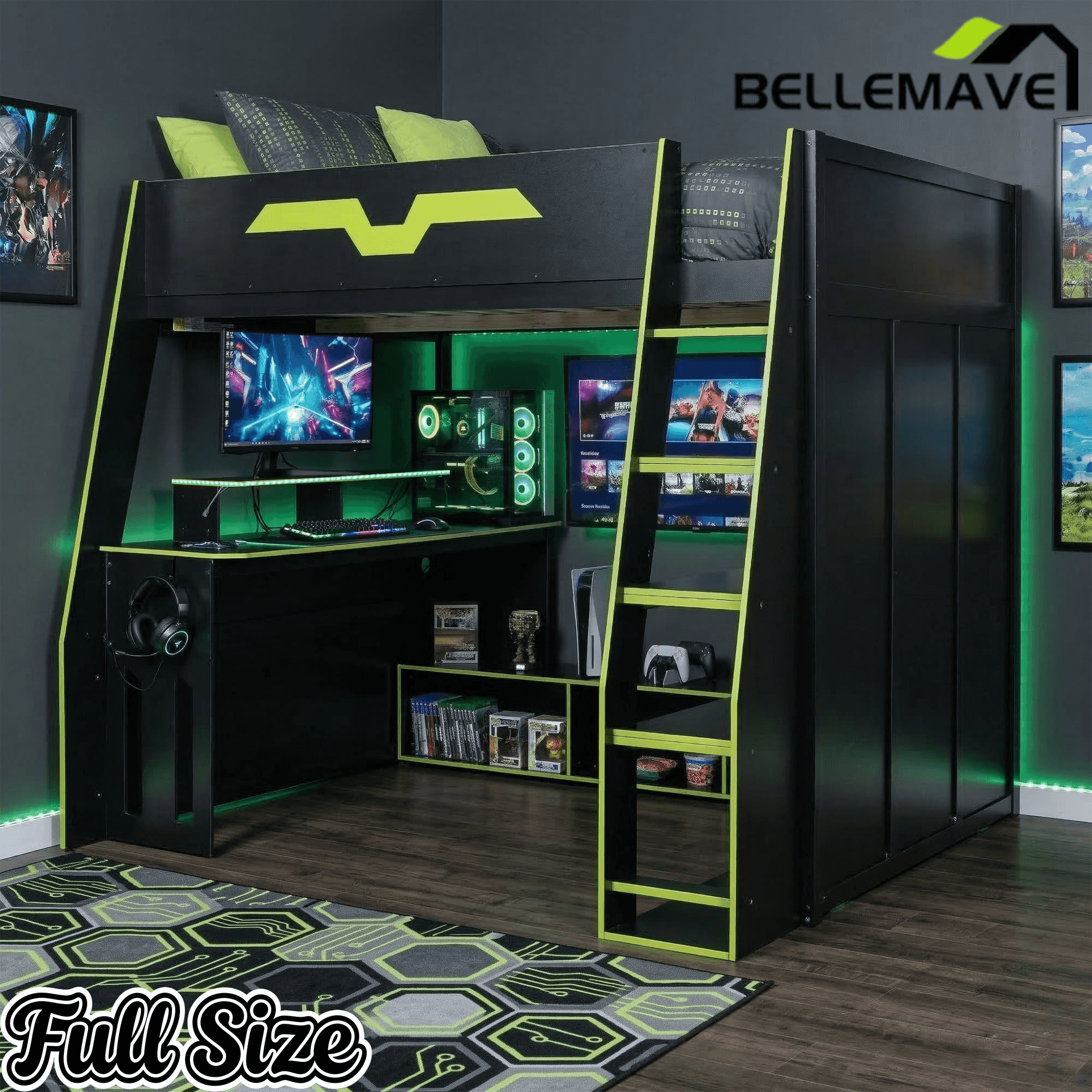 Bellemave® Gaming Loft Bed with Desk and Shelves,Esports Design for PC & Console Gamers,Full Size Wood Loft Bed Frame with RGB Light - Bellemave
