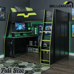 Bellemave® Gaming Loft Bed with Desk and Shelves,Esports Design for PC & Console Gamers,Full Size Wood Loft Bed Frame with RGB Light - Bellemave