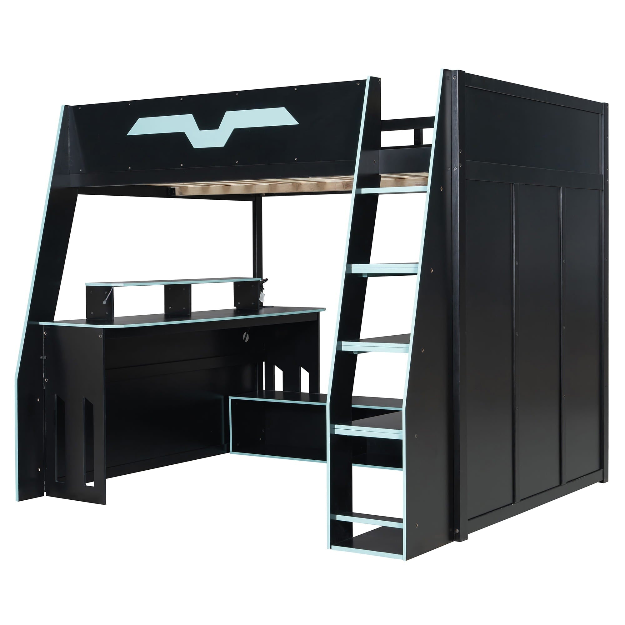 Bellemave® Gaming Loft Bed with Desk and Shelves,Esports Design for PC & Console Gamers,Full Size Wood Loft Bed Frame with RGB Light - Bellemave