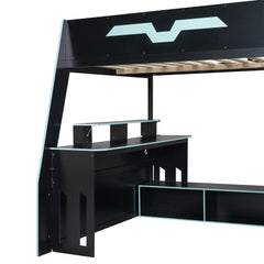 Bellemave® Gaming Loft Bed with Desk and Shelves,Esports Design for PC & Console Gamers,Full Size Wood Loft Bed Frame with RGB Light - Bellemave