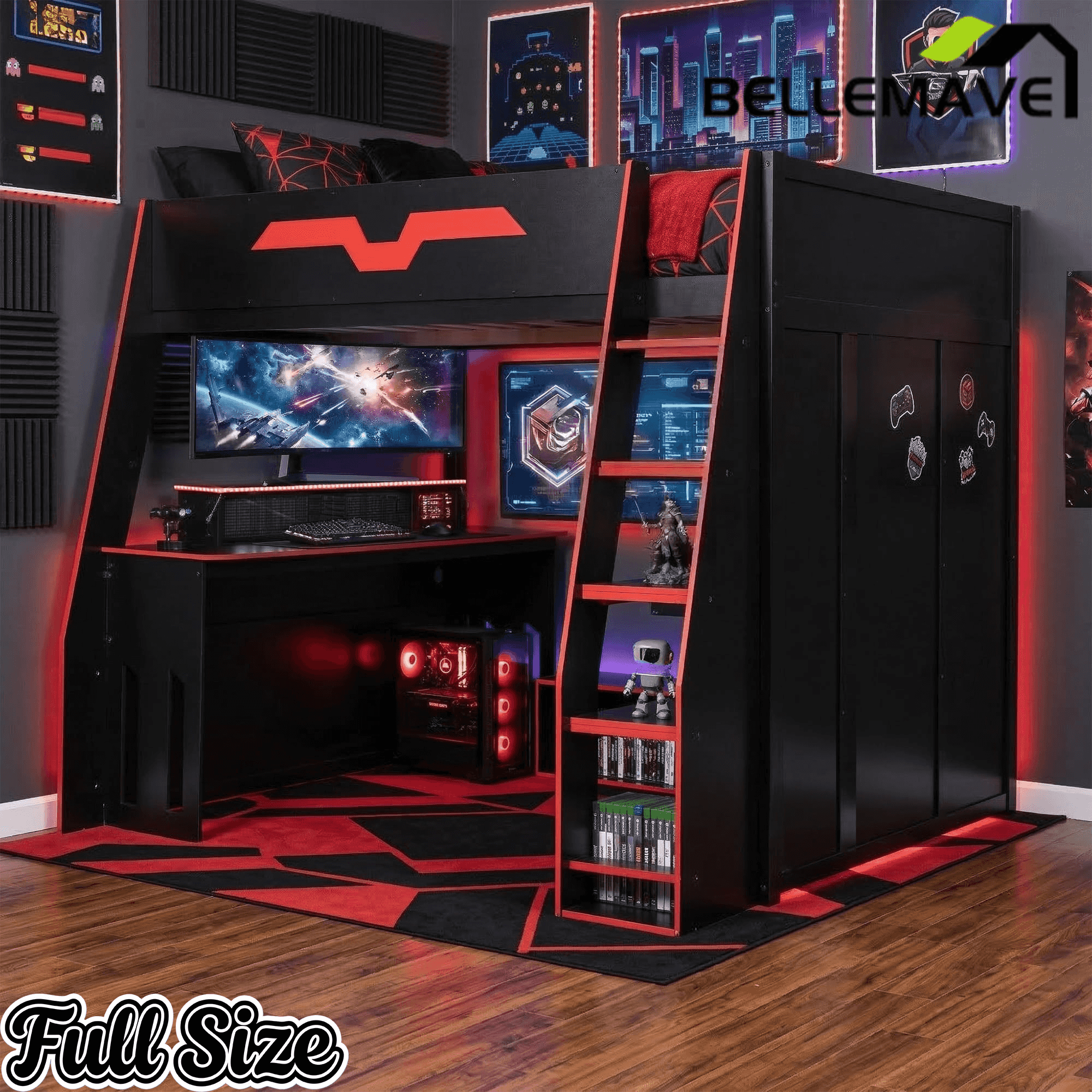 Bellemave® Gaming Loft Bed with Desk and Shelves,Esports Design for PC & Console Gamers,Full Size Wood Loft Bed Frame with RGB Light - Bellemave