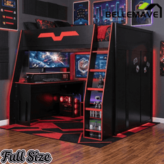 Bellemave® Gaming Loft Bed with Desk and Shelves,Esports Design for PC & Console Gamers,Full Size Wood Loft Bed Frame with RGB Light - Bellemave
