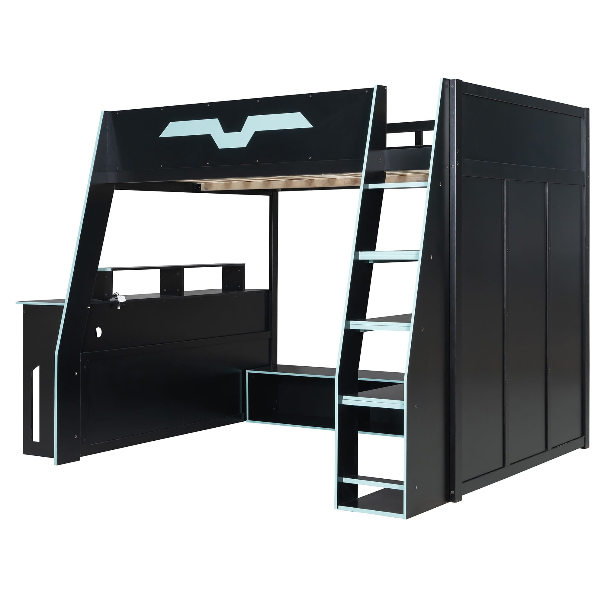 Bellemave® Gaming Loft Bed with Desk and Shelves,Esports Design for PC & Console Gamers,Full Size Wood Loft Bed Frame with RGB Light - Bellemave