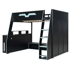Bellemave® Gaming Loft Bed with Desk and Shelves,Esports Design for PC & Console Gamers,Full Size Wood Loft Bed Frame with RGB Light - Bellemave