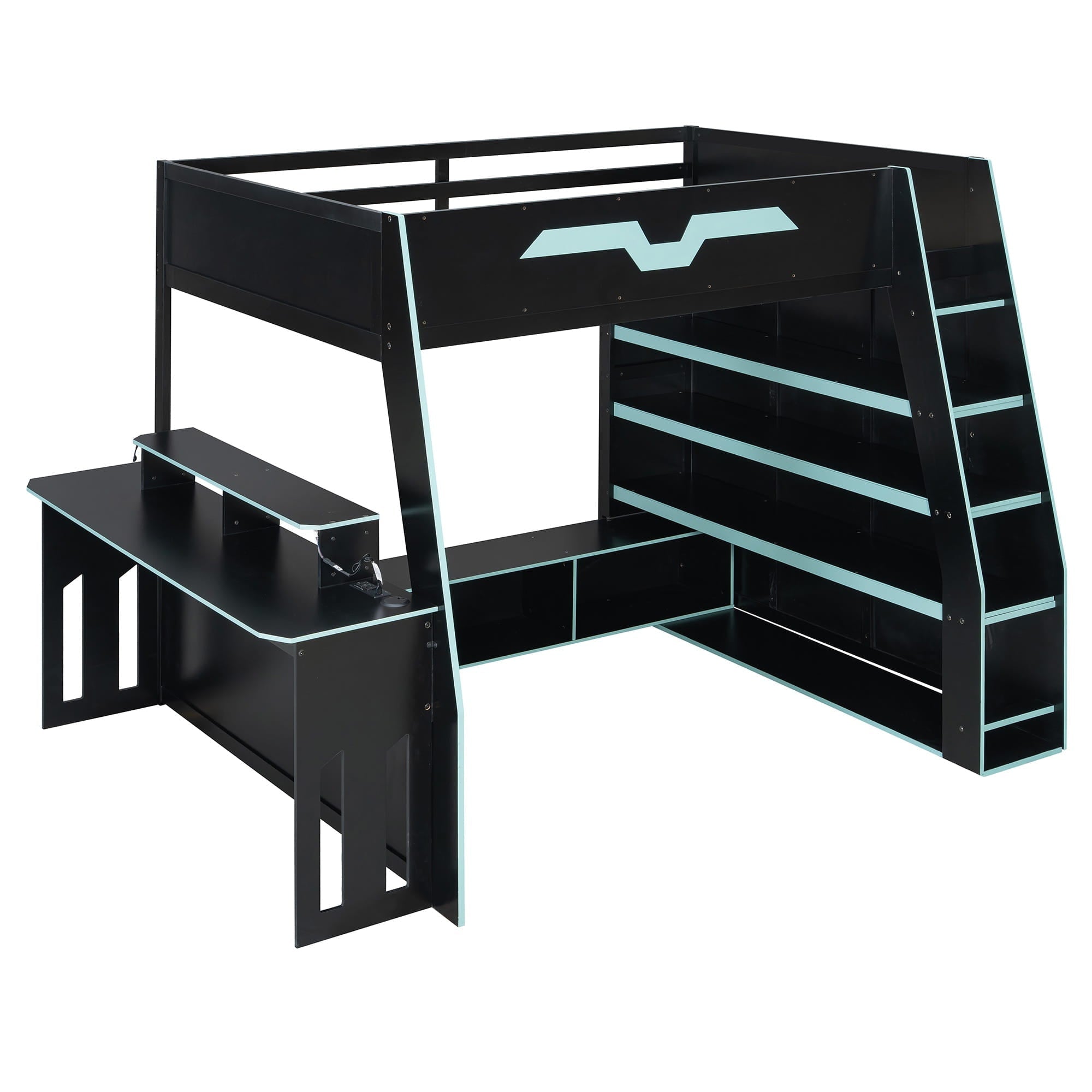 Bellemave® Gaming Loft Bed with Desk and Shelves,Esports Design for PC & Console Gamers,Full Size Wood Loft Bed Frame with RGB Light - Bellemave