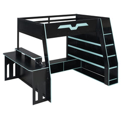 Bellemave® Gaming Loft Bed with Desk and Shelves,Esports Design for PC & Console Gamers,Full Size Wood Loft Bed Frame with RGB Light - Bellemave